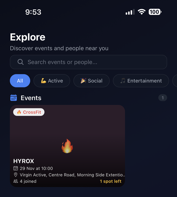 MoveM8 app Explore screen showing nearby events and category filters